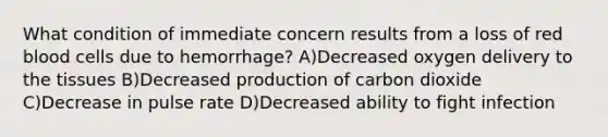 What condition of immediate concern results from a loss of red blood cells due to hemorrhage? A)Decreased oxygen delivery to the tissues B)Decreased production of carbon dioxide C)Decrease in pulse rate D)Decreased ability to fight infection