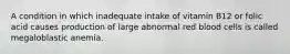 A condition in which inadequate intake of vitamin B12 or folic acid causes production of large abnormal red blood cells is called megaloblastic anemia.