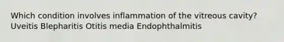 Which condition involves inflammation of the vitreous cavity? Uveitis Blepharitis Otitis media Endophthalmitis