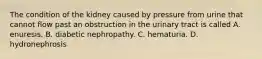 The condition of the kidney caused by pressure from urine that cannot flow past an obstruction in the urinary tract is called A. enuresis. B. diabetic nephropathy. C. hematuria. D. hydronephrosis