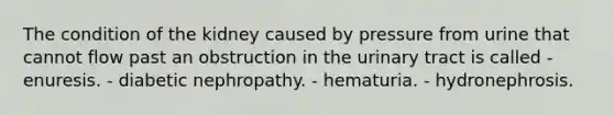 The condition of the kidney caused by pressure from urine that cannot flow past an obstruction in the urinary tract is called - enuresis. - diabetic nephropathy. - hematuria. - hydronephrosis.