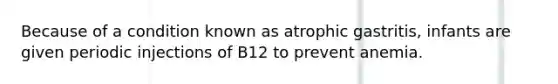 Because of a condition known as atrophic gastritis, infants are given periodic injections of B12 to prevent anemia.