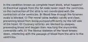 In the condition known as complete heart block, what happens? A) Electrical signals from the SA node never reach the ventricles, so the contraction of the atria is not coordinated with the contraction of the ventricles. B) Blood flow through the foramen ovale is blocked. C) The mitral valve leaflets calcify and close, preventing blood from being pumped efficiently by the left side of the heart. D) Coronary arteries are blocked by plaques, preventing blood and oxygen from reaching the myocardial contractile cells. E) The fibrous skeleton of the heart breaks down, interfering with the passage of blood from the atria to the ventricles.