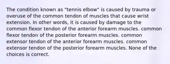 The condition known as "tennis elbow" is caused by trauma or overuse of the common tendon of muscles that cause wrist extension. In other words, it is caused by damage to the common flexor tendon of the anterior forearm muscles. common flexor tendon of the posterior forearm muscles. common extensor tendon of the anterior forearm muscles. common extensor tendon of the posterior forearm muscles. None of the choices is correct.