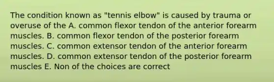 The condition known as "tennis elbow" is caused by trauma or overuse of the A. common flexor tendon of the anterior forearm muscles. B. common flexor tendon of the posterior forearm muscles. C. common extensor tendon of the anterior forearm muscles. D. common extensor tendon of the posterior forearm muscles E. Non of the choices are correct