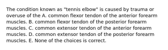 The condition known as "tennis elbow" is caused by trauma or overuse of the A. common flexor tendon of the anterior forearm muscles. B. common flexor tendon of the posterior forearm muscles. C. common extensor tendon of the anterior forearm muscles. D. common extensor tendon of the posterior forearm muscles. E. None of the choices is correct.