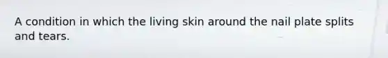 A condition in which the living skin around the nail plate splits and tears.