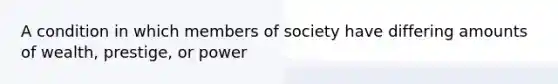 A condition in which members of society have differing amounts of wealth, prestige, or power