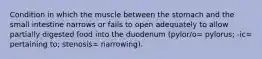 Condition in which the muscle between the stomach and the small intestine narrows or fails to open adequately to allow partially digested food into the duodenum (pylor/o= pylorus; -ic= pertaining to; stenosis= narrowing).