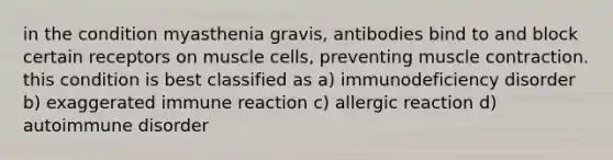 in the condition myasthenia gravis, antibodies bind to and block certain receptors on muscle cells, preventing muscle contraction. this condition is best classified as a) immunodeficiency disorder b) exaggerated immune reaction c) allergic reaction d) autoimmune disorder