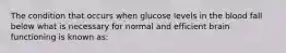 The condition that occurs when glucose levels in the blood fall below what is necessary for normal and efficient brain functioning is known as: