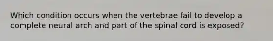 Which condition occurs when the vertebrae fail to develop a complete neural arch and part of the spinal cord is exposed?