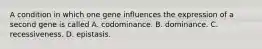 A condition in which one gene influences the expression of a second gene is called A. codominance. B. dominance. C. recessiveness. D. epistasis.