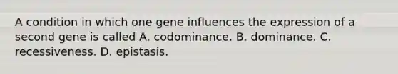 A condition in which one gene influences the expression of a second gene is called A. codominance. B. dominance. C. recessiveness. D. epistasis.