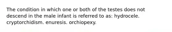 The condition in which one or both of the testes does not descend in the male infant is referred to as: hydrocele. cryptorchidism. enuresis. orchiopexy.