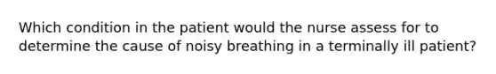 Which condition in the patient would the nurse assess for to determine the cause of noisy breathing in a terminally ill patient?