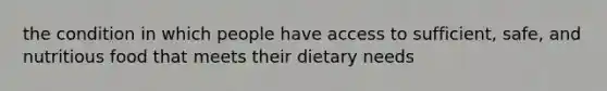 the condition in which people have access to sufficient, safe, and nutritious food that meets their dietary needs