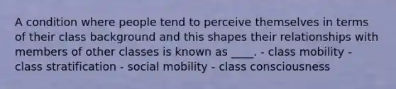 A condition where people tend to perceive themselves in terms of their class background and this shapes their relationships with members of other classes is known as ____. - class mobility - class stratification - social mobility - class consciousness