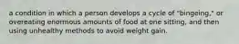 a condition in which a person develops a cycle of "bingeing," or overeating enormous amounts of food at one sitting, and then using unhealthy methods to avoid weight gain.