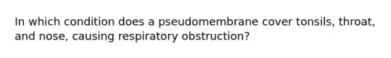 In which condition does a pseudomembrane cover tonsils, throat, and nose, causing respiratory obstruction?