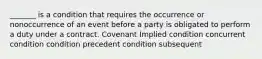 ​_______ is a condition that requires the occurrence or nonoccurrence of an event before a party is obligated to perform a duty under a contract. Covenant Implied condition concurrent condition condition precedent condition subsequent