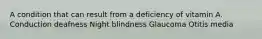 A condition that can result from a deficiency of vitamin A. Conduction deafness Night blindness Glaucoma Otitis media