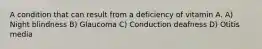 A condition that can result from a deficiency of vitamin A. A) Night blindness B) Glaucoma C) Conduction deafness D) Otitis media