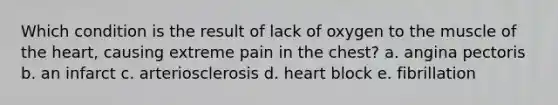 Which condition is the result of lack of oxygen to the muscle of the heart, causing extreme pain in the chest? a. angina pectoris b. an infarct c. arteriosclerosis d. heart block e. fibrillation