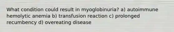 What condition could result in myoglobinuria? a) autoimmune hemolytic anemia b) transfusion reaction c) prolonged recumbency d) overeating disease