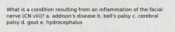 What is a condition resulting from an inflammation of the facial nerve (CN viii)? a. addison's disease b. bell's palsy c. cerebral palsy d. gout e. hydrocephalus