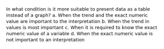 In what condition is it more suitable to present data as a table instead of a graph? a. When the trend and the exact numeric value are important to the interpretation b. When the trend in values is most important c. When it is required to know the exact numeric value of a variable d. When the exact numeric value is not important to an interpretation