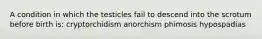 A condition in which the testicles fail to descend into the scrotum before birth is: cryptorchidism anorchism phimosis hypospadias