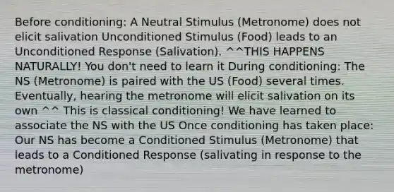 Before conditioning: A Neutral Stimulus (Metronome) does not elicit salivation Unconditioned Stimulus (Food) leads to an Unconditioned Response (Salivation). ^^THIS HAPPENS NATURALLY! You don't need to learn it During conditioning: The NS (Metronome) is paired with the US (Food) several times. Eventually, hearing the metronome will elicit salivation on its own ^^ This is classical conditioning! We have learned to associate the NS with the US Once conditioning has taken place: Our NS has become a Conditioned Stimulus (Metronome) that leads to a Conditioned Response (salivating in response to the metronome)