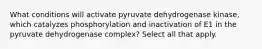 What conditions will activate pyruvate dehydrogenase kinase, which catalyzes phosphorylation and inactivation of E1 in the pyruvate dehydrogenase complex? Select all that apply.