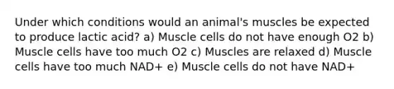 Under which conditions would an animal's muscles be expected to produce lactic acid? a) Muscle cells do not have enough O2 b) Muscle cells have too much O2 c) Muscles are relaxed d) Muscle cells have too much NAD+ e) Muscle cells do not have NAD+