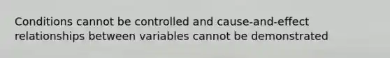 Conditions cannot be controlled and cause-and-effect relationships between variables cannot be demonstrated