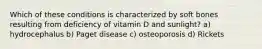 Which of these conditions is characterized by soft bones resulting from deficiency of vitamin D and sunlight? a) hydrocephalus b) Paget disease c) osteoporosis d) Rickets