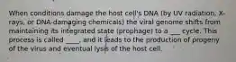 When conditions damage the host cell's DNA (by UV radiation, X-rays, or DNA-damaging chemicals) the viral genome shifts from maintaining its integrated state (prophage) to a ___ cycle. This process is called ____, and it leads to the production of progeny of the virus and eventual lysis of the host cell.