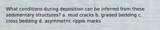 What conditions during deposition can be inferred from these sedimentary structures? a. mud cracks b. graded bedding c. cross bedding d. asymmetric ripple marks