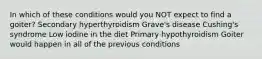 In which of these conditions would you NOT expect to find a goiter? Secondary hyperthyroidism Grave's disease Cushing's syndrome Low iodine in the diet Primary hypothyroidism Goiter would happen in all of the previous conditions