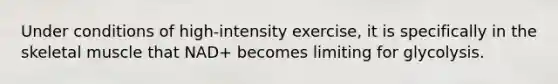 Under conditions of high-intensity exercise, it is specifically in the skeletal muscle that NAD+ becomes limiting for glycolysis.