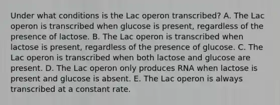 Under what conditions is the Lac operon transcribed? A. The Lac operon is transcribed when glucose is present, regardless of the presence of lactose. B. The Lac operon is transcribed when lactose is present, regardless of the presence of glucose. C. The Lac operon is transcribed when both lactose and glucose are present. D. The Lac operon only produces RNA when lactose is present and glucose is absent. E. The Lac operon is always transcribed at a constant rate.