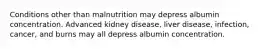 Conditions other than malnutrition may depress albumin concentration. Advanced kidney disease, liver disease, infection, cancer, and burns may all depress albumin concentration.