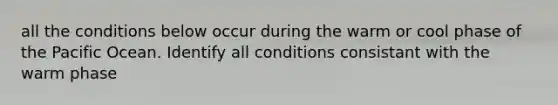 all the conditions below occur during the warm or cool phase of the Pacific Ocean. Identify all conditions consistant with the warm phase