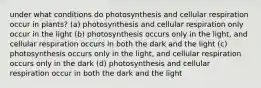 under what conditions do photosynthesis and cellular respiration occur in plants? (a) photosynthesis and cellular respiration only occur in the light (b) photosynthesis occurs only in the light, and cellular respiration occurs in both the dark and the light (c) photosynthesis occurs only in the light, and cellular respiration occurs only in the dark (d) photosynthesis and cellular respiration occur in both the dark and the light