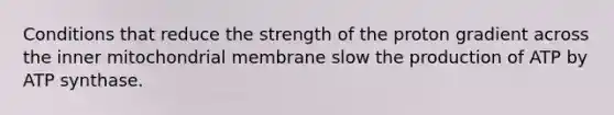 Conditions that reduce the strength of the proton gradient across the inner mitochondrial membrane slow the production of ATP by ATP synthase.