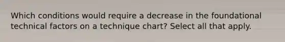 Which conditions would require a decrease in the foundational technical factors on a technique chart? Select all that apply.