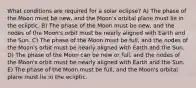 What conditions are required for a solar eclipse? A) The phase of the Moon must be new, and the Moon's orbital plane must lie in the ecliptic. B) The phase of the Moon must be new, and the nodes of the Moon's orbit must be nearly aligned with Earth and the Sun. C) The phase of the Moon must be full, and the nodes of the Moon's orbit must be nearly aligned with Earth and the Sun. D) The phase of the Moon can be new or full, and the nodes of the Moon's orbit must be nearly aligned with Earth and the Sun. E) The phase of the Moon must be full, and the Moon's orbital plane must lie in the ecliptic.