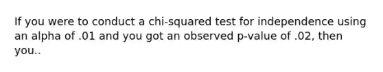 If you were to conduct a chi-squared test for independence using an alpha of .01 and you got an observed p-value of .02, then you..