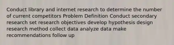 Conduct library and internet research to determine the number of current competitors Problem Definition Conduct secondary research set research objectives develop hypothesis design research method collect data analyze data make recommendations follow up